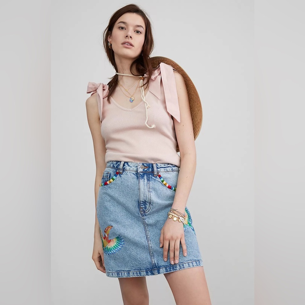 NWT Farm Rio Embroidered Denim Mini Skirt Tropical Colorful Boho Vacation Beach - Picture 10 of 13